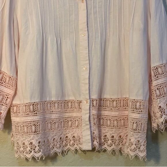 CYNTHIA ROWLEY Crochet Trimmed Sleeve Hem Linen Button Up Women 1X Petal Pink. - Picture 4 of 14